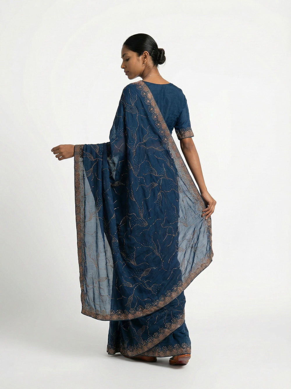Vichitra Silk Deep Navy Blue Floral Stone Work Designer Saree