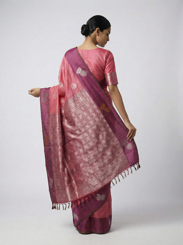 Art Silk Pink Traditional Butta Design Saree with Woven Border