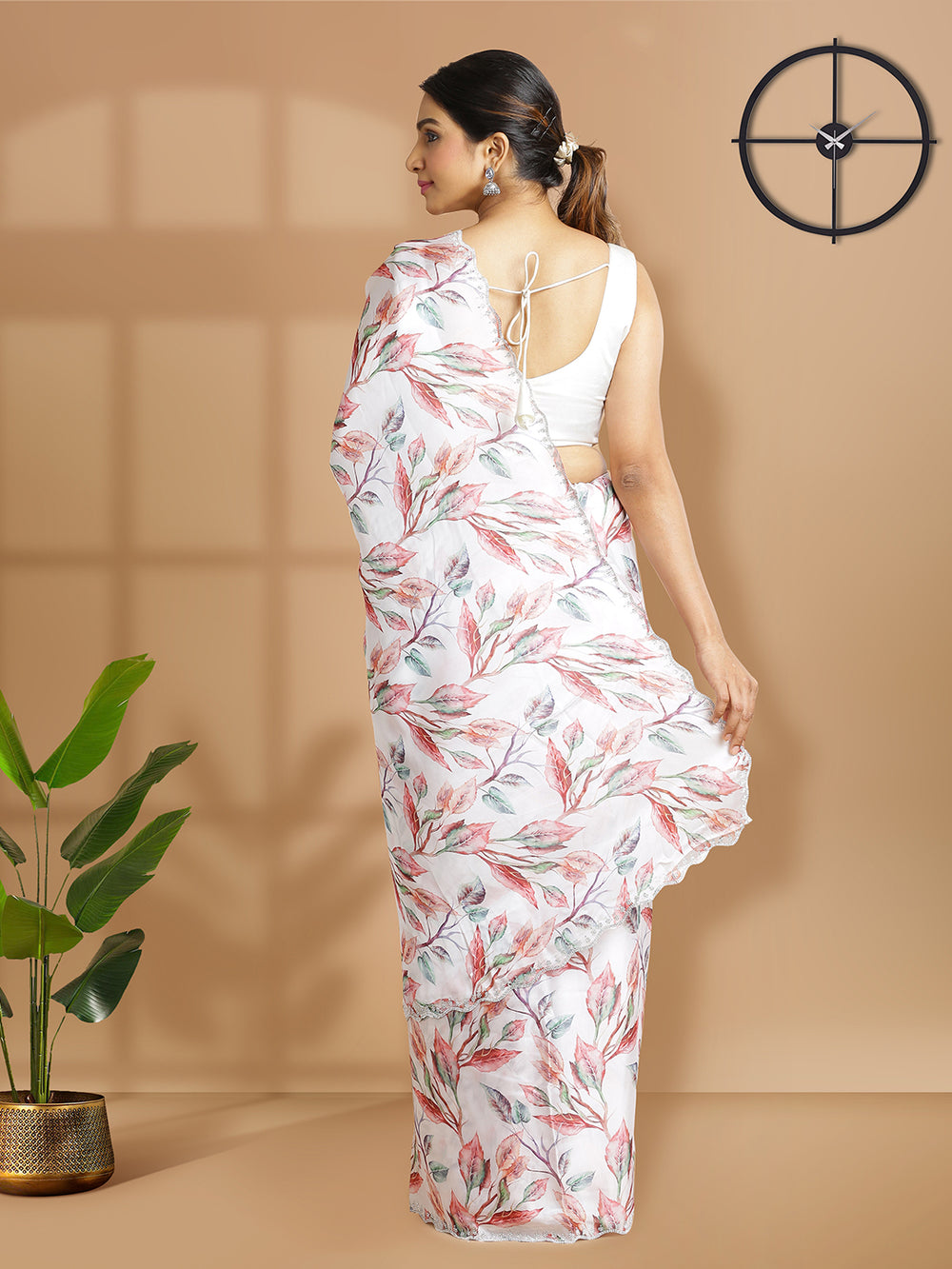 White Satin Crepe Saree With Multi Color Botanical Print Over Body