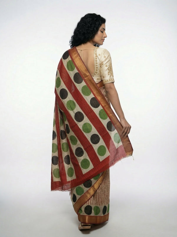 Cotton Cream Saree with Red Stripes and Polka Dot Printed Border