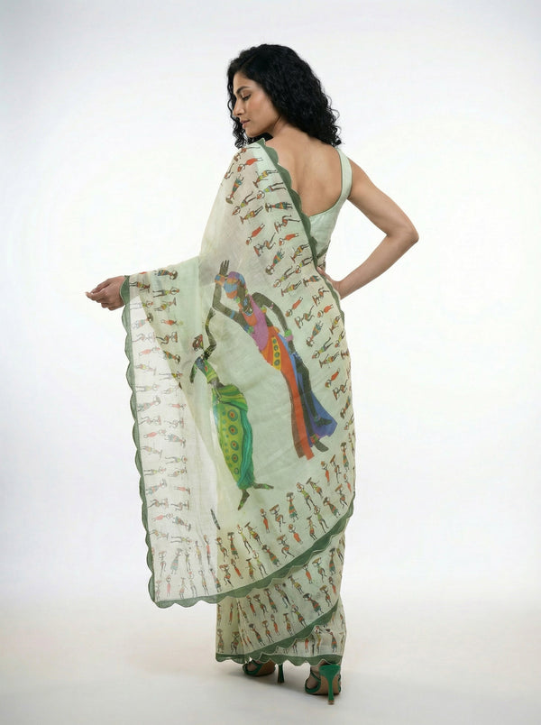Cotton Light Green Saree with Folk Art Prints