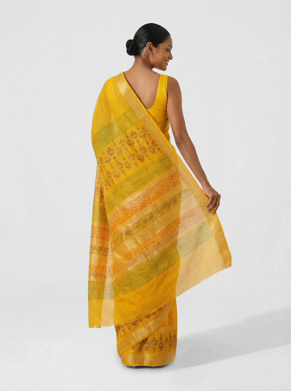 Chanderi Cotton Mustard Yellow Traditional Motif Saree