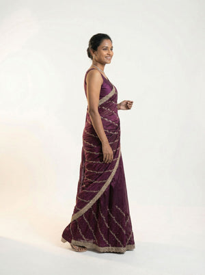 Shimmer Organza Wine Diagonal Stripe Designer Saree with Sequin Work and Embroidered Border