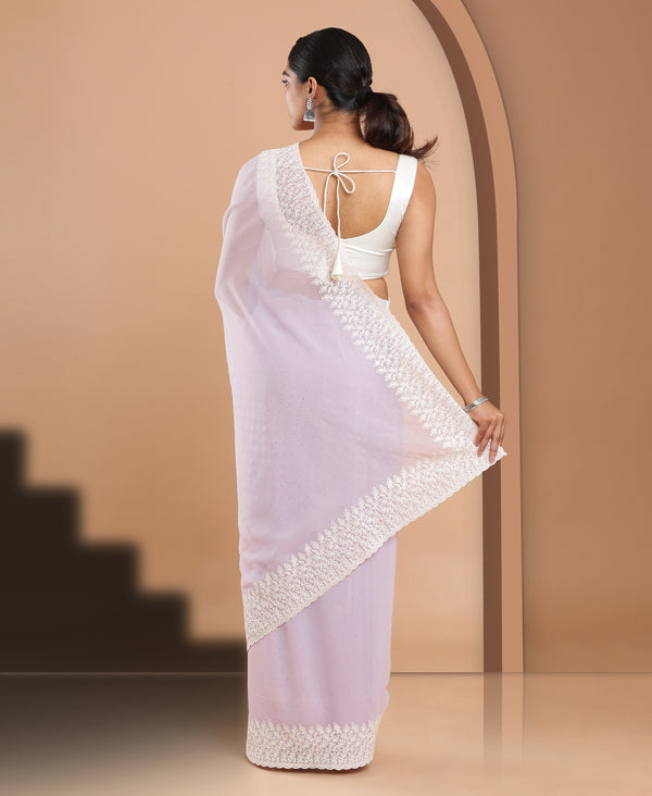 Georgette Lavender Color White Embroidery Border  Saree