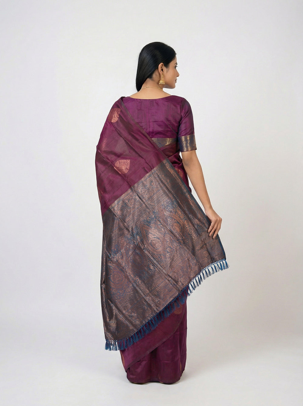 Semi Silk Wine  Saree with Copper Self Butta Motifs & Peacock Blue Blouse