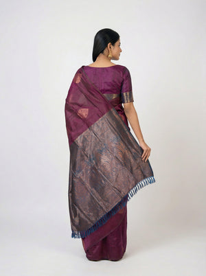 Semi Silk Wine  Saree with Copper Self Butta Motifs & Peacock Blue Blouse