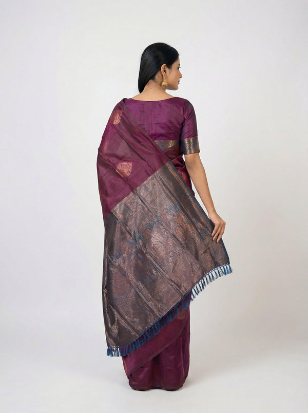 Semi Silk Wine  Saree with Copper Self Butta Motifs & Peacock Blue Blouse