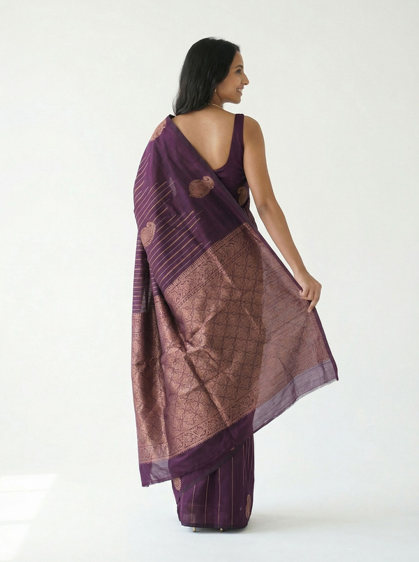 Semi Silk Deep Purple & Gold Striped Zari Pattern Saree