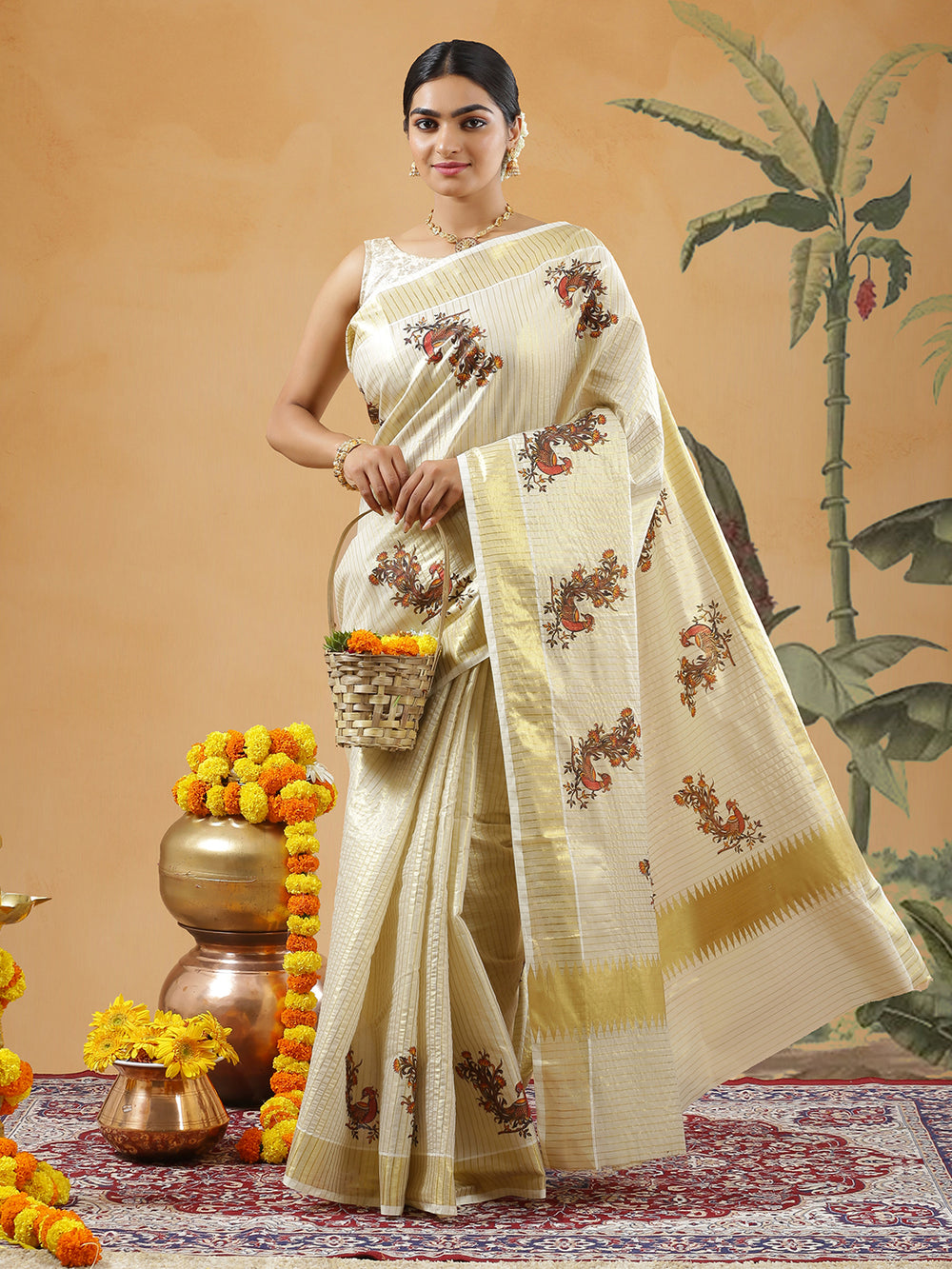 Golden Vertical Striped Tissue Set Saree With Brown Color Peacock Print Near Golden Kasavu