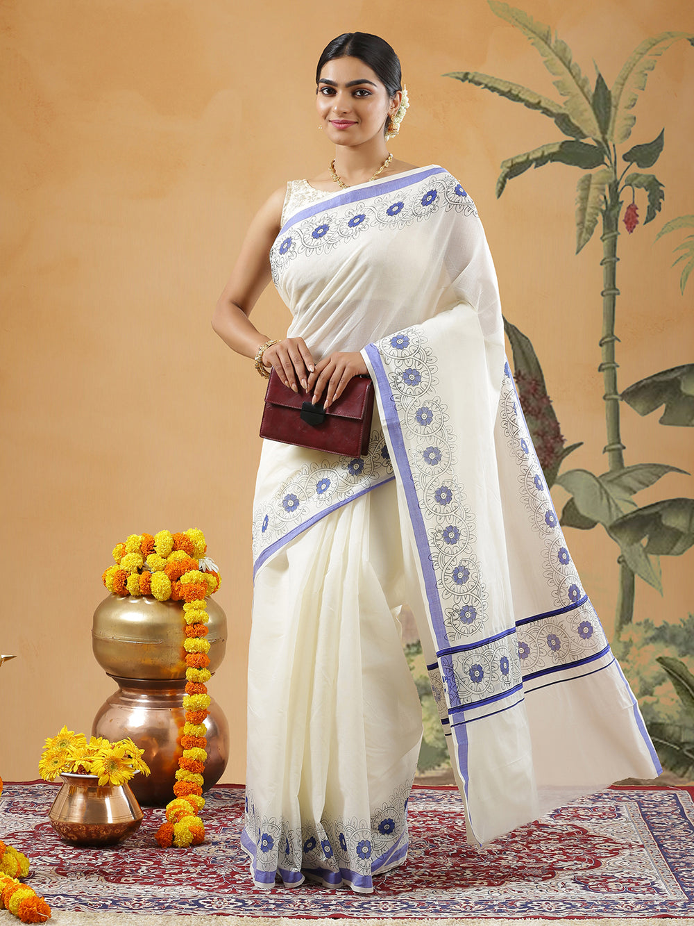 Off White Color Cotton Set Saree With Blue Color Floral Printed Border