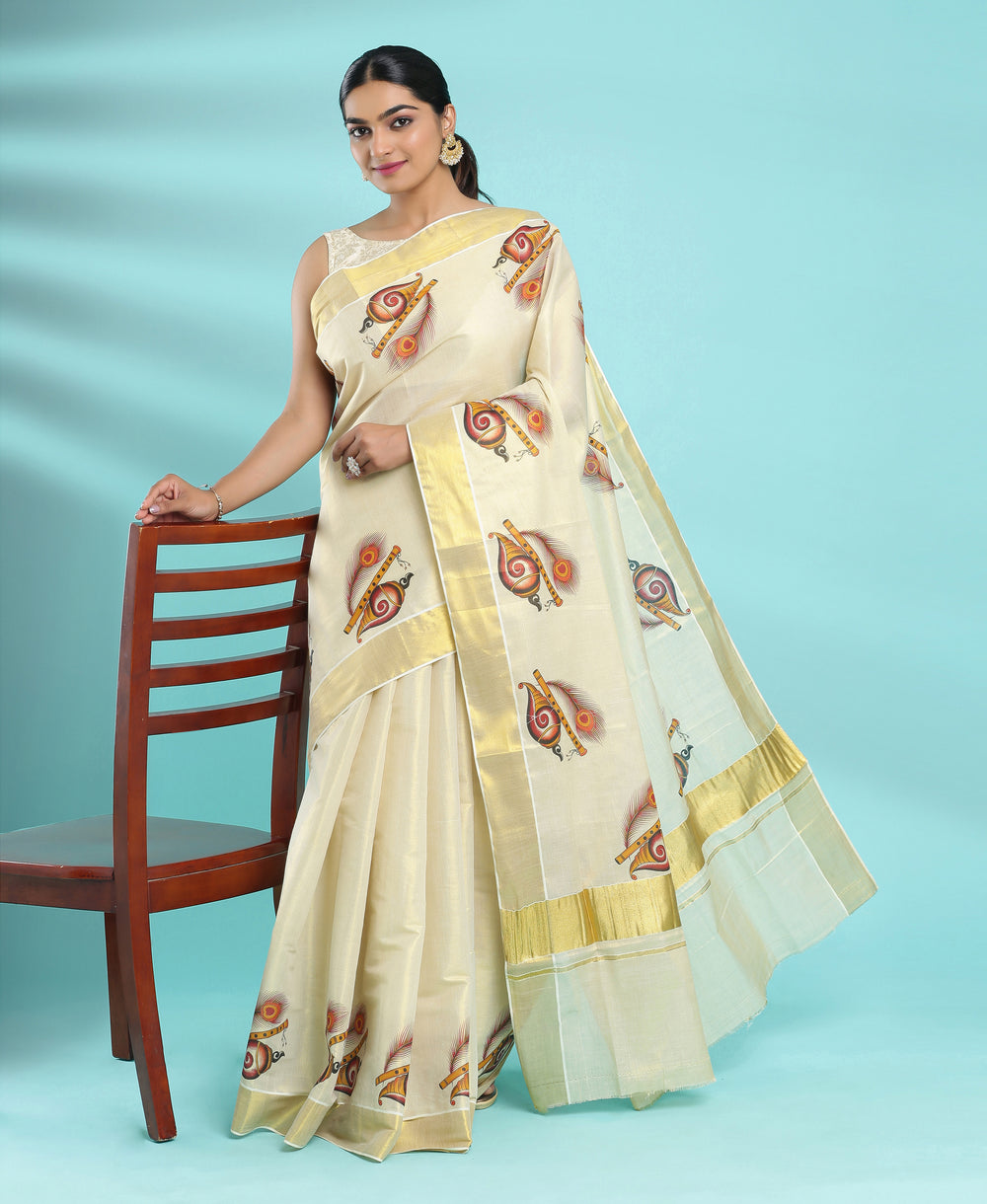 Kerala Tissue Peacock Feather,Flute,Shangu Printed Set Saree