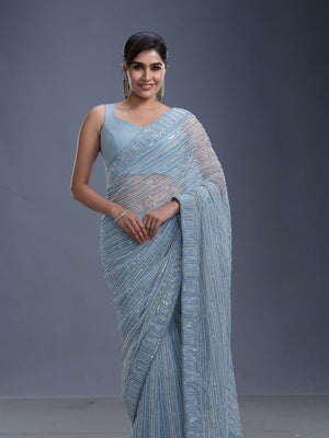 Powder Blue Organza Designer Fancy Saree