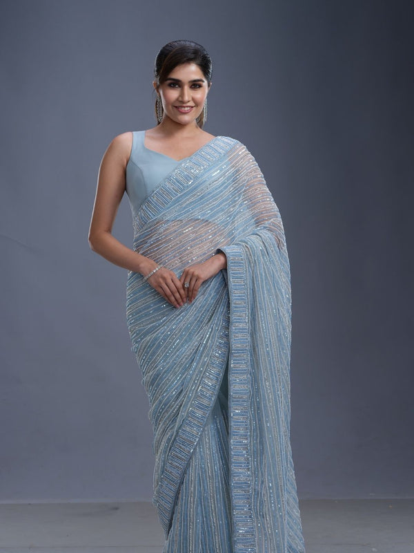 Powder Blue Organza Designer Fancy Saree