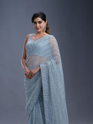 Powder Blue Organza Designer Fancy Saree