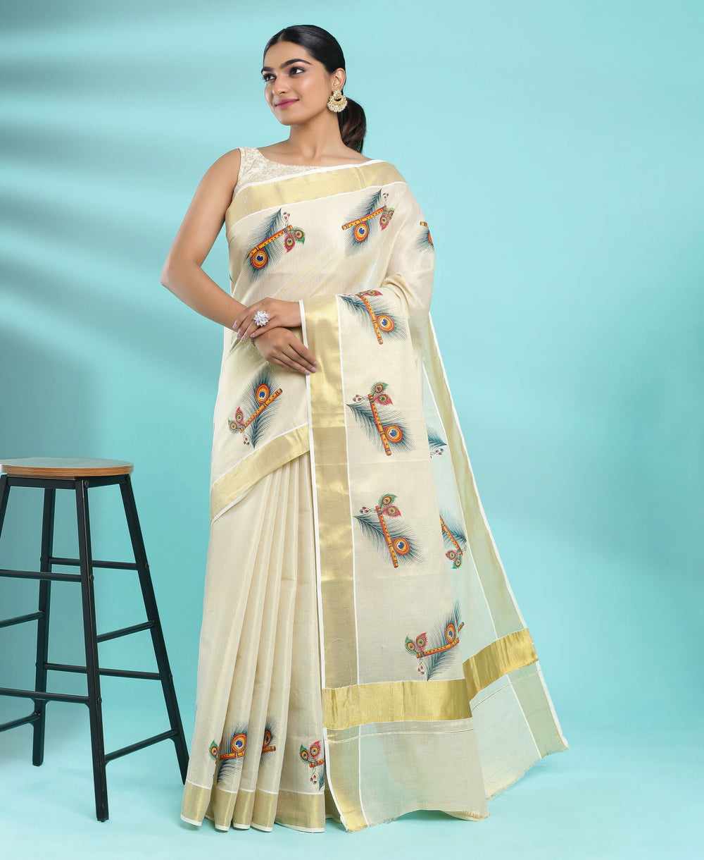 Kerala Tissue Peacock Feather,Flute Printed Set Saree