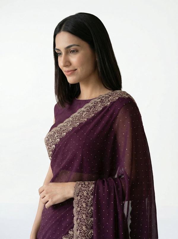 Vijithra Silk Wine Purple Zari Embroidered Designer Saree