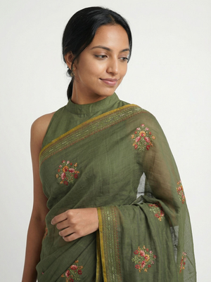 Chanderi Cotton Olive Green Floral Embroidered Pattern Saree
