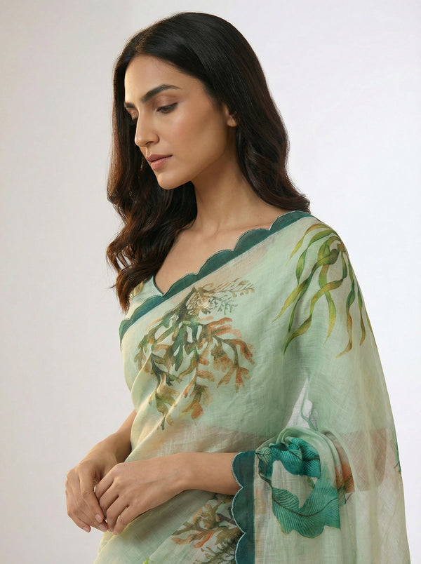 Cotton Mint Green Saree with Abstract Leaf and Ocean Inspired Design