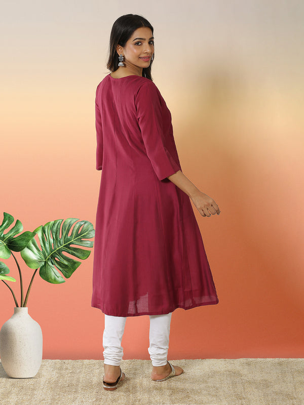 Wine Pink Color Patch Worked Embroidery Designed Cotton Blended Kurti Top