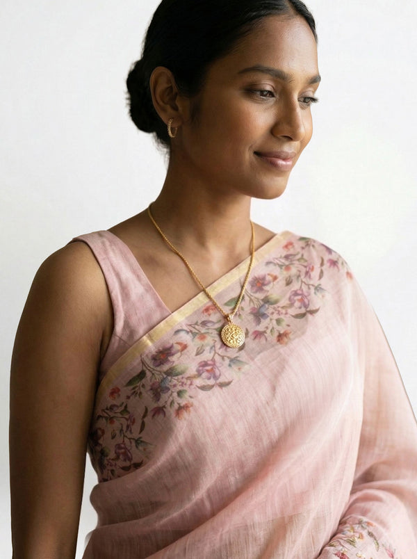 Linen Pink Floral Embroidered Saree