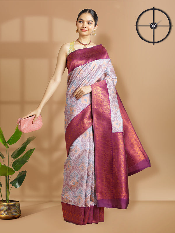 Light Lavender Art Silk Saree With Ikat Design Over Body And Purple Border