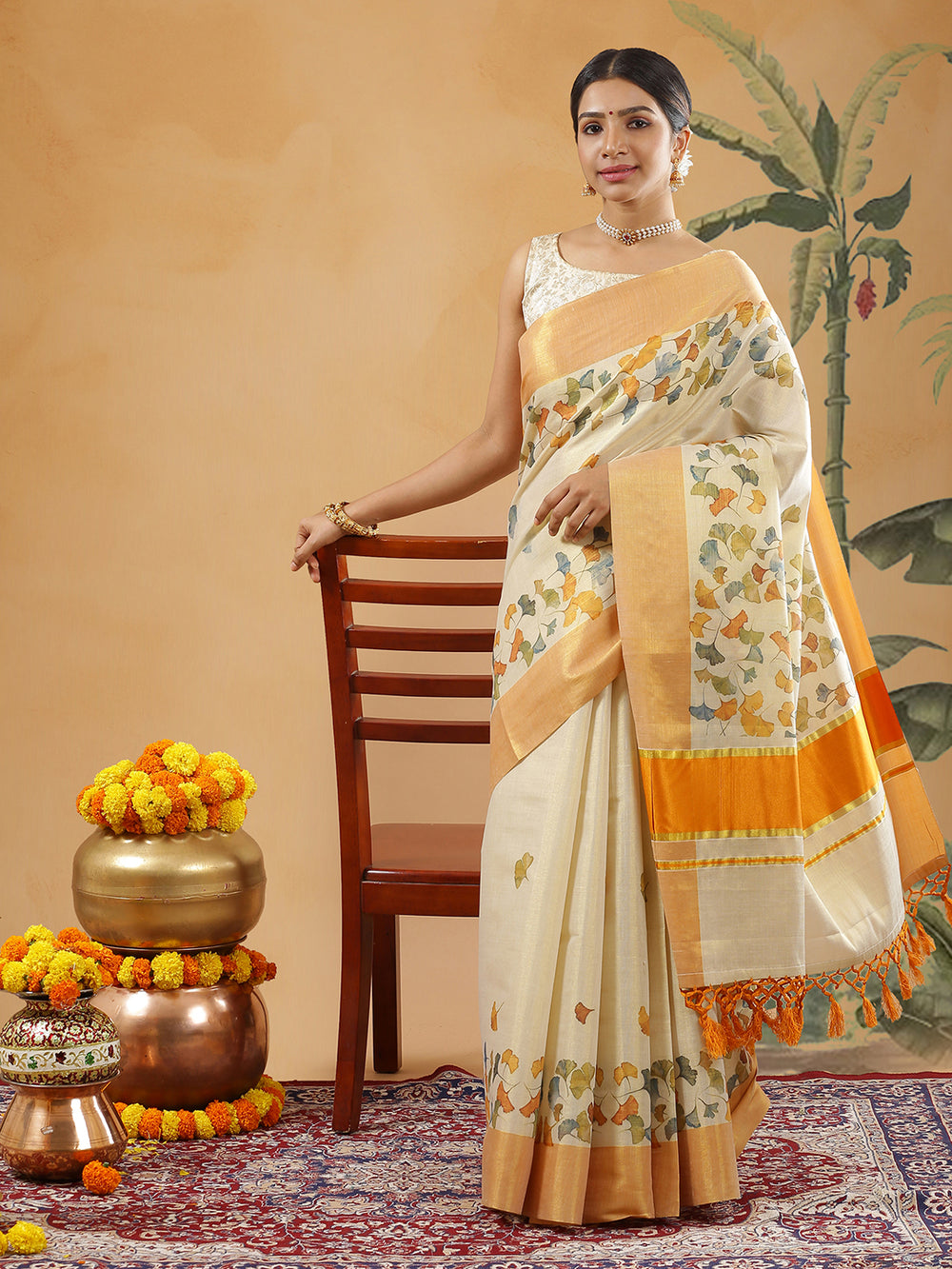 Golden Tissue Orange Border Set Saree With Multi Color Thread Paint Flower Print All Over Body