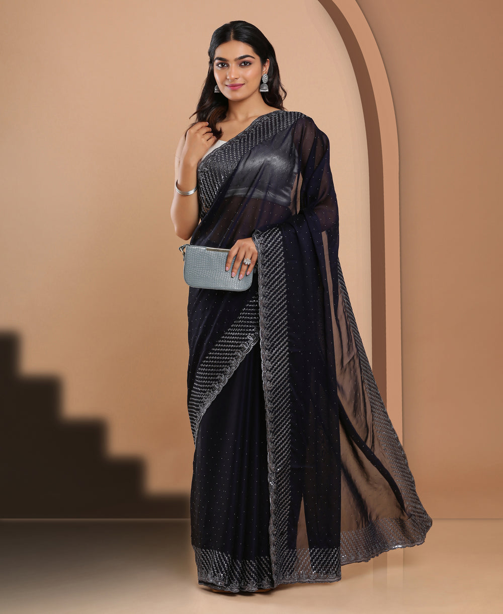 Georgette Ethnic Wear Navy Blue Color Saree
