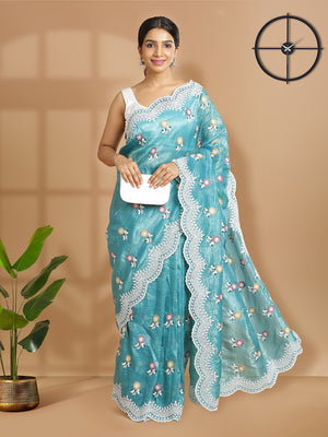 Sea Green Organza Saree With Multi Floral Thread Work Over Body