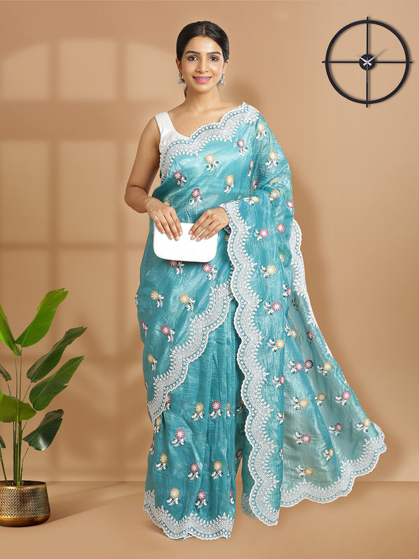 Sea Green Organza Saree With Multi Floral Thread Work Over Body