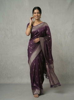 Woman wearing a purple saree with a white pattern on a gray background