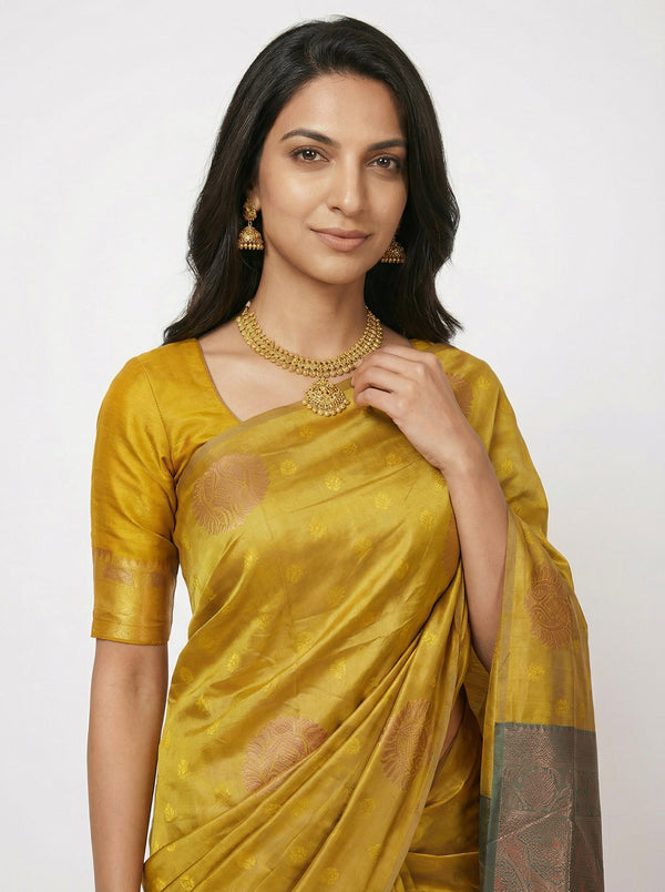 Semi Silk Classic Ochre Yellow Saree with Butta Work
