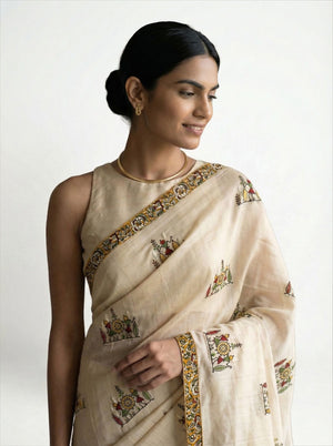 Chanderi Cotton Off White & Multicolor Floral Motif Pattern Saree