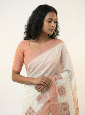 Cotton Off White Saree with Minimal Stripe and Peach Pattern Border