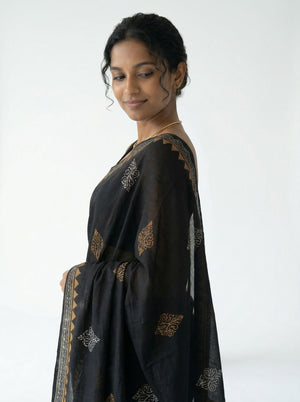Chanderi Cotton Black Printed Ethnic Saree