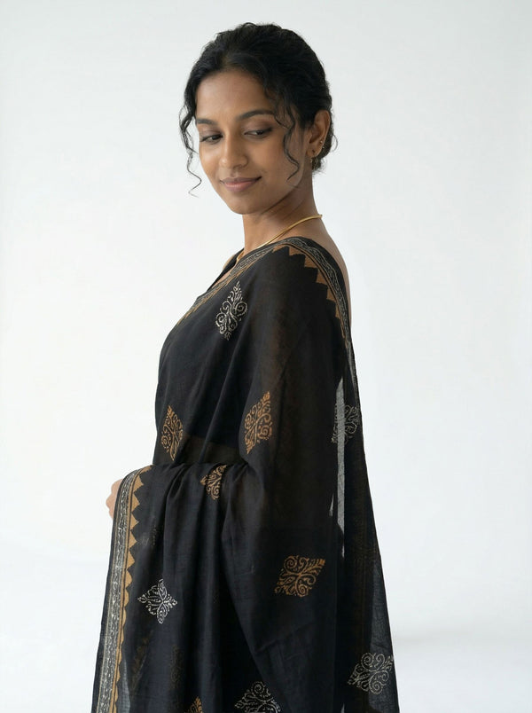 Chanderi Cotton Black Printed Ethnic Saree