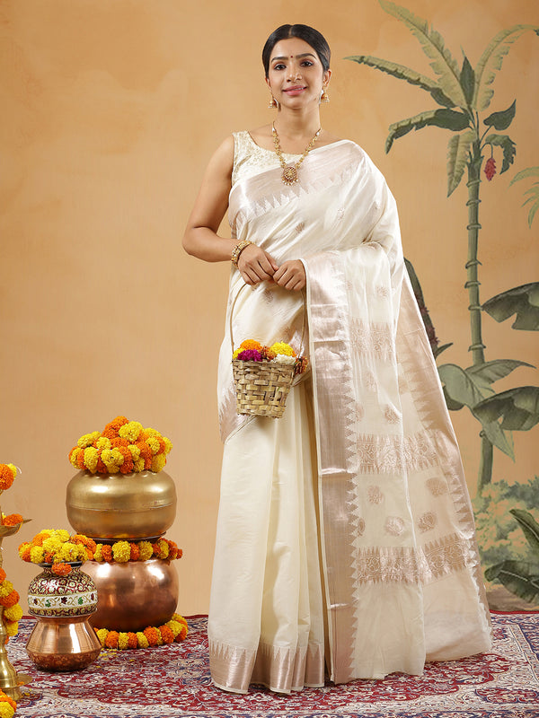 Off White Color Cotton Set Saree With Rose Gold Lotus Floral Buttas And Temple Border