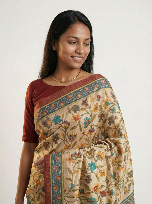 Chanderi Cotton Beige Kalamkari Inspired Saree
