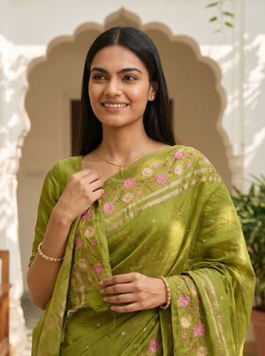 Semi Tussar Olive Green Floral Embroidery Border Saree