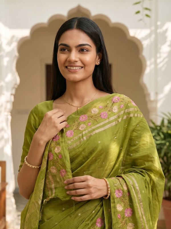 Semi Tussar Olive Green Floral Embroidery Border Saree