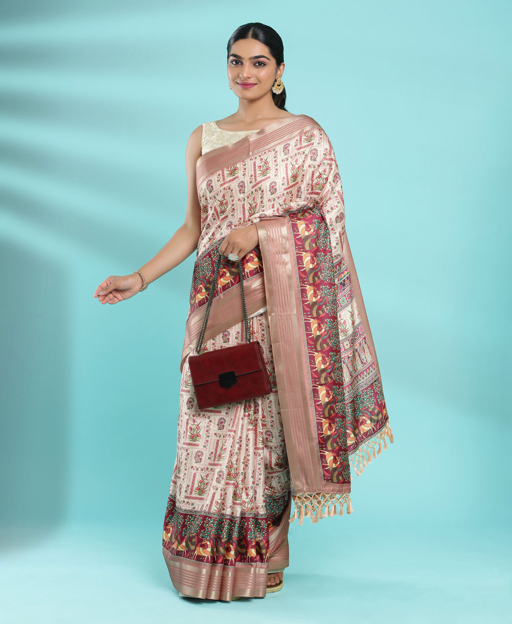 Jute Silk Casual Wear Peach Color Printed Saree