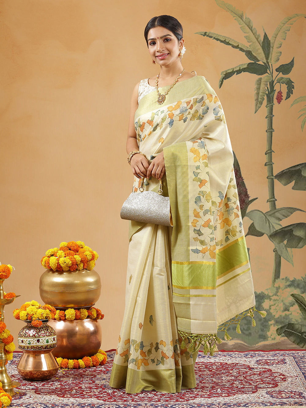 Golden Tissue Olive Green Border Set Saree With Multi Color Thread Paint Flower Print All Over Body