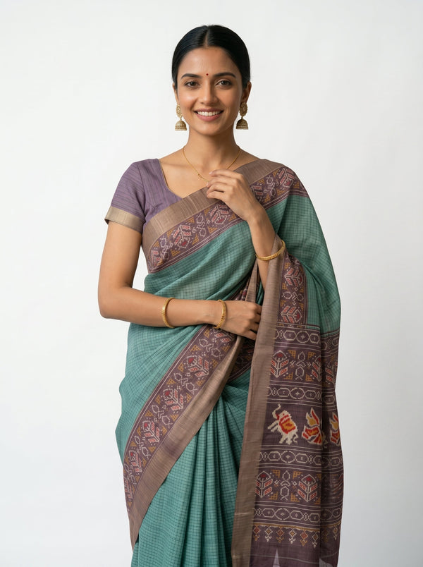 Semi Jute Sea Green Small Check Saree with Contrast Border