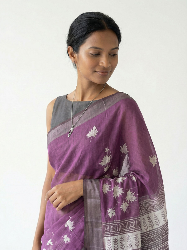 Chanderi Cotton Purple Floral Printed Pattern Saree