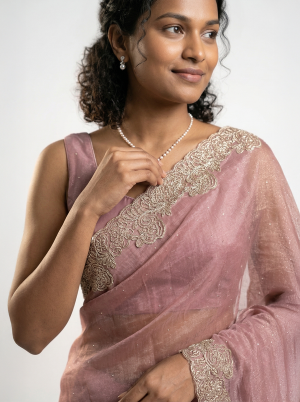 Shimmer Organza Soft Pink Plain Designer Saree with Micro Dot Work and Embroidered Border