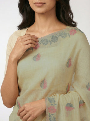 Chanderi Women’s Pastel Green Saree with Double Colour Leaf Motifs