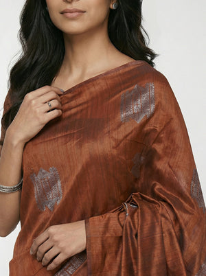 Semi Silk Women’s Brick Colour Saree with Geometric Box Pattern