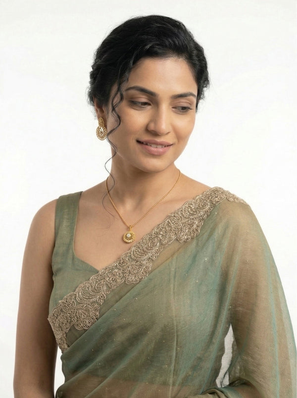 Shimmer Organza Olive Green Plain Designer Saree with Decorated Border