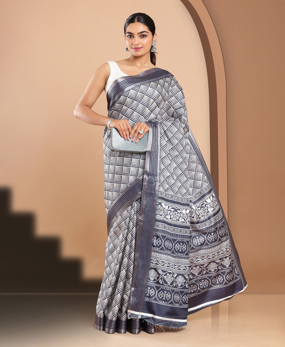 Jute Silk Casual Wear Navy Blue & White Color Saree
