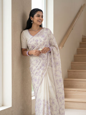 Mul Chanderi White Purple Floral Vine Outline Embroidery Scalloped Border Saree