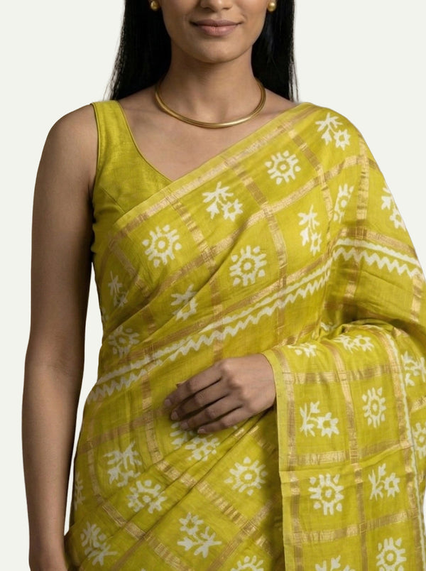 Chanderi Cotton Mustard Yellow Ethnic Print Saree